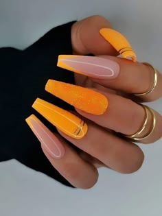 Trendy Orange Nails 2023, Trending Nails 2024 May, Trendy Orange Nails Coffin, Fancy Orange Acrylic Nails, Summer Orange Nails 2024, Fall Nails 2024 Orange, Nail Organization, Sugar Nails, Yellow Nails Design