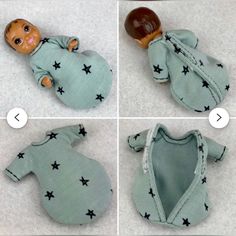 four pictures showing how to make a baby doll's outfit with stars on it