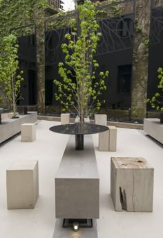 a table and benches in a courtyard with trees growing out of it's centerpieces