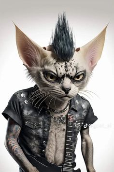 an image of a cat with hair on it's head and wearing a leather jacket