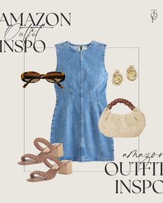 Embrace the freshness of spring with this stunning Amazon outfit inspiration! Slip into a denim mini dress for a flirty and feminine vibe that's perfect for the season. Complete the look with chic heeled sandals to add a touch of sophistication to your ensemble. Casual Denim Mini Dress With V-neck, Denim Blue V-neck Mini Dress For Summer, Summer Denim Button-up Mini Dress, Chic Denim Mini Dress With Button-up Front, Chic Mini-length Denim Dress With Button Closure, Chic Heels, Denim Mini Dress