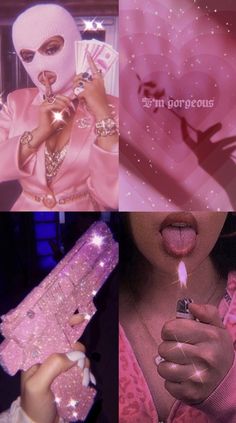 a collage of photos with a woman holding a lighter and wearing a pink outfit