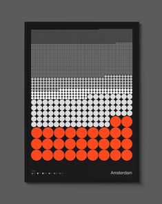 an orange and white poster with dots on it's black backgrouding