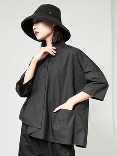 Casual Long Sleeves Loose Contrast Color Split-Joint Lapel Collar Midi Dresses Polo Blouse, Winter Typ, Loose Fit Shirts, Leisure Fashion, Loose Shirts, Pocket Shirt, Fashion Seasons, Black And White Colour, Black Blouse