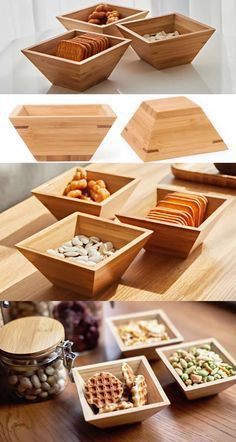 several wooden trays filled with different types of food