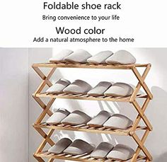 a wooden shoe rack with several pairs of shoes on top and bottom shelves in the middle