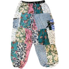 Each piece is unique and can vary in color, pattern and patchwork placement. The pictures are just examples of the different colors, textures, and patchwork placements that these pants can come in. Pants feature a ruched pant bottom, elastic tie off waist band and side leg pockets    Sizing: One size fits most (typically fits size 2-14)    Dimensions: 42" inches in length  Hand Wash Only Spring Patchwork Trousers, Spring Patchwork Pants, Spring Cotton Patchwork Pants, Multicolor Floral Print Cotton Pants, Casual Multicolor Patchwork Pants, Casual Summer Pants With Floral Patchwork, Multicolor Cotton Pants With Patch Pockets, Multicolor Patchwork Bottoms For Spring, Summer Patchwork Pants