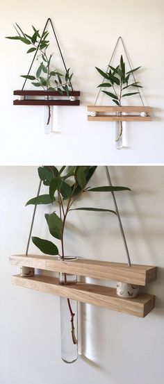 two wooden shelves with plants in them hanging on the wall, one holding a plant