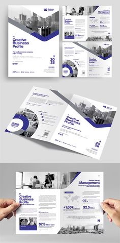 three fold brochure with blue and white designs on the front, back and side