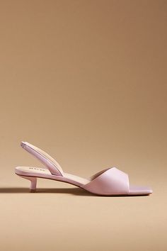 Leather upper, insole, sole Plastic kitten heel Slip-on styling Imported | Square-Toe Slingback Kitten Heels by Maeve in Purple, Women's, Size: 7, Leather/Plastic at Anthropologie Pink Slingback Heels, Pink Kitten Heels, Slingback Kitten Heels, Black Kitten Heels, Slingback Flats, Slingback Heels, Square Toe Heels, Silver Heels, Purple Leather