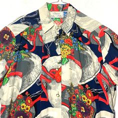 Beautiful ladies shirt sleeved blouse with a gorgeous baroque print of rafia hats adorned by colorful floral bouquets. Made in Italy in the 80s by Querci della Villa, in mint condition. Size ladies XL Length 85 Shoulder 51 Pit to pit 65 Rafia Hat, Baroque Floral, Baroque Print, Colorful Bouquet, Ladies Shirt, Floral Bouquets, Floral Blouse, The 80s, Beautiful Ladies