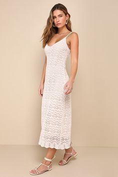 Head out for drinks on the patio with the perfect look thanks to the Lulus Sunset Vibes Light Beige Crochet Sleeveless Midi Dress! Loose crochet (atop a light beige knit liner) shapes this summery dress with a flattering V-neckline, a fitted bodice, and adjustable spaghetti straps. Figure-skimming silhouette continues into a column skirt that finishes at a scalloped midi hem. Fit: This garment fits true to size. Length: Mid-calf length. Size medium measures 41.5" from adjustable straps to hem. Bust: Great for any cup size. Waist: Loosely Fitted. Hip: Loosely Fitted. Undergarments: May be worn with a strapless bra, adhesive bra, petals, or no bra. Fabric: Fabric is very stretchy. Lined. Shell: 100% Polyester. Lining 100% Polyester. Hand Wash Cold. Do Not Bleach. Line Dry. Iron Low Heat. Imp Loose Crochet, Out For Drinks, Beige Crochet, Sunset Vibes, Column Skirt, Lulu Fashion, Adhesive Bra, Sleeveless Midi Dress, Midi Dress Sleeveless