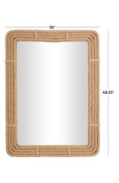 a square mirror with rope around it and measurements for the frame, shown in front of a