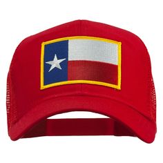 Texas State Flag Patched Mesh Cap Red Trucker Hat One Size Fits Most, Red Trucker Hat One Size, Red Trucker Hat With Curved Bill, Red Trucker Hat With Visor, Red Adjustable Trucker Hat With Curved Bill, Adjustable Red Trucker Hat, Red Trucker Baseball Cap With Curved Brim, Red Curved Brim Trucker Hat For Baseball Season, Red Trucker Hat With Curved Brim