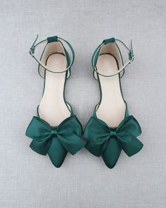 "Satin pointy toe flats with satin bow on vamp. Comfort with simplicity and perfect wear for fall or summer wedding, bridesmaids, bridal party, holiday party, and any special occasions. Details: Colors available: Black, Burgundy, Champagne, Dusty Pink, Hunter Green, Ivory, Light Blue, Navy, Red, Royal Blue, Silver, and White UPPER: Synthetic upper and lining MATERIALS: Manmade outsole Heel height: 0.625\" STYLE NAME: BELLA  SIZE FIT: RUNS LARGE, ORDER HALF SIZE DOWN FROM YOUR NORMAL SIZE  Not su Summer Pointed Toe Flats With Bow, Wedding Flats With Bow Detail, Wedding Ballet Flats With Bow And Closed Toe, Elegant Wedding Flats With Bow, Green Closed Toe Flats For Party, Spring Prom Flats With Pointed Toe, Elegant Green Low Heel Flats, Summer Wedding Bridesmaids, Fall Wedding Shoes