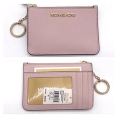 Brand New With Tag Michael Kors Jet Set Travel Small Sm Coin Pouch, Wallet, Card Holder, Key Ring, Key Holder Saffiano Leather Color: Powder Blush Gold Tone Hardware Zip Top Fabric Lined Interior With 1 Small Slip Pocket 1 See Through Id Holder, 2 Credit Card Holders + A Bigger Slip In Compartment Behind On The Back 3.5" X 5" Attached Keyring Great For Your Small Crossbody Or Night Out Pink Rectangular Bag With Rfid Blocking, Pink Rectangular Bags With Rfid Blocking, Pink Rfid Blocking Bags, Michael Kors Pink Wallet For Daily Use, Michael Kors Pink Wallet With Zipper Closure, Michael Kors Pink Travel Wallet, Michael Kors Pink Wallet, Leather Zipper Pouch, Michael Kors Clutch