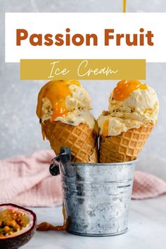 two ice cream cones with caramel sauce on top and the words passion fruit over them