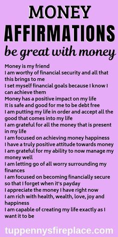 a pink poster with the words money affirmations be great with money