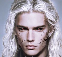 a man with long white hair and red eyes has branches on his face to look like lightning