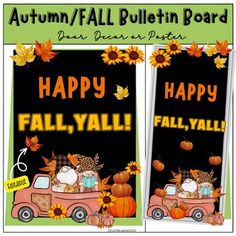 two fall bulletin boards with pumpkins and cats