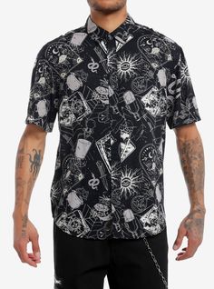 Conjure up something wicked with this woven button-up! Featuring an allover print of cauldrons  potions  occult symbols and more witchy icons.100% rayonWash cold; dry lowImportedListed in men'sunisex sizesModel is 6'1''Model wears size Medium Witchy Icons, Right Arrow Icon, Occult Symbols, Something Wicked, Professional Outfits, The Conjuring, Hot Topic, Shirts Tops, Wicked