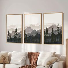 three paintings hang on the wall above a couch in a living room with white furniture