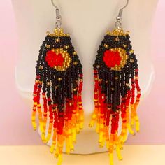 Beaded Crescent Moon Earrings Red Yellow Gold Black Brand New Boutique Item Offers Welcome Bundle & Save! Crescent Moon Earrings, Earrings Red, Moon Earrings, Crescent Moon, Gold Black, Red Gold, Red Yellow, Lady In Red, Crescent