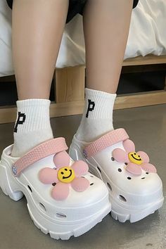 Smiley Face Flower White Chunky Platform Women's Crocs A-Like (9) Trendy Summer Slip-on Clogs, White Non-slip Clogs For Spring, Non-slip White Clogs For Spring, White Platform Clogs For The Beach, Cute Summer Clogs With Round Toe, Cute Slip-on Summer Clogs, Cute Summer Slip-on Clogs, White Synthetic Clogs For Vacation, Trendy Synthetic Clogs For Spring