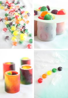 four different shots of candies and candles on a white tablecloth, one with candy in it