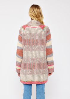 Cozy up in our bohemian cardigan designed in a multicolor striped knit. Multicolor heather stripe Relaxed fit Long sleeves Mid-length Open front Shawl collar Fall bohemian cardigan Hand wash cold Designed with style and comfort in mind, our distinctive stretchy knit cardigan is crafted from a luxurious multicolor heather stripe knit. This statement style features an open front and a draped shawl collar for extra coziness. The ultra-relaxed fit and mid-length hemline provide extra versatility, ma Boho Sweaters, Bohemian Cardigan, Affordable Boho, Cardigan Design, Boho Sweater, Shawl Collar, Striped Knit, Chunky Knit, Stripes Pattern