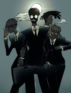 three people dressed in black and white, one with a skull head on his head