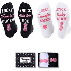 IVF SOCKS 2 PACKHospital socks for labor and delivery. Funny and novelty rubber letters non-slip design: “LUCKY TRANSFER SOCKS, STICK BABY STICK” and “LUCKY TRANSFER SOCKS, KNOCK ME UP DOC”; Made of luxury cotton, which is soft and moisture wicking, wrapping your feet with excellent comfort. It will show your encouragement and support for her to continue this difficult process.SIZE & PACKINGLabor and delivery socks non skid. One size fits all socks, recommend women shoe size 6 - 11; 2 Pairs Fun Black Socks As Gift, Funny Letter Print Socks As Gift, Funny Letter Print Socks Gift, Cute Black Socks For Gifts, Comfortable Non-slip Socks For Gift, Comfortable Non-slip Socks As Gift, Ivf Retrieval Day, Egg Retrieval, Pineapple Socks