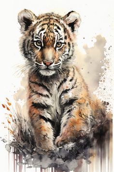 a watercolor painting of a tiger cub