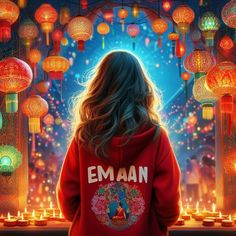 a girl in a red hoodie looking at lanterns