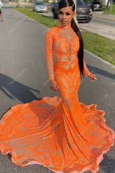 Unique Orange Sequin Plunging Mermaid Prom Dress Long Elegant Prom Dresses, Dresses Long Elegant, Prom Dresses 2022, Neon Prom Dresses, Orange Prom Dresses, Custom Made Prom Dress, Gala Gowns, Prom Girl Dresses, Senior Prom Dresses