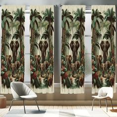 the curtains in this room are decorated with elephants and palm trees