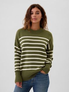 Fall Sweater With Striped Hem And Long Sleeves, Striped Cotton Crew Neck Sweater, Crew Neck Knit Sweater With Striped Cuffs, Casual Fall Sweater With Striped Cuffs, Knit Tops With Striped Cuffs For Winter, Winter Knit Tops With Striped Cuffs, Knit Long Sleeve Tops With Striped Hem, Winter Sweater With Striped Hem And Long Sleeves, Cotton Crew Neck Sweater With Striped Cuffs