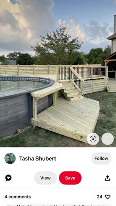 an image of a wooden deck next to a swimming pool with steps leading up to it