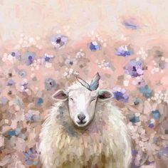 a painting of a sheep with a butterfly on it's head in a field of flowers