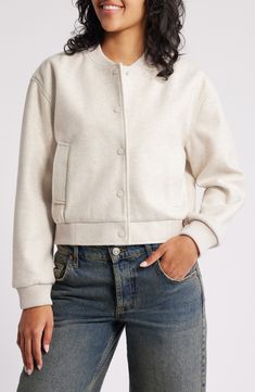 When slightly chilly temps show up in the forecast, toss on a cozy bomber that meets the moment. 20" length (size Medium) Front snap closure Blade collar Ribbed cuffs and hem Front welt pockets Partially lined 85% polyester, 15% rayon Dry clean Imported Casual Varsity Jacket With Ribbed Cuffs For Spring, Casual Beige Varsity Jacket For Fall, Cozy Cream Outerwear With Ribbed Cuffs, Beige Casual Varsity Jacket For Fall, Trendy Fall Varsity Jacket With Ribbed Cuffs, Trendy Varsity Jacket With Ribbed Cuffs For Fall, Relaxed Fit Winter Outerwear With Button Cuffs, Casual Winter White Outerwear With Ribbed Cuffs, Trendy Winter Outerwear With Ribbed Collar