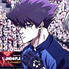 an anime character with purple hair holding a baseball mitt in front of a crowd