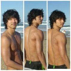 three pictures of a man with no shirt on at the beach