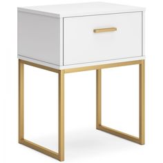 a white and gold side table with two drawers on each side, one drawer open