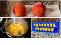 three pictures showing how to make homemade baby food peaches