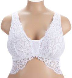 Magnolia blossom patterned lace covers this elegant, fresh-looking bra designed for special moments. Especially constructed for full busts that fit 30-40 bands and DD-H cups. Wireless triangle cups are lined with powermesh for supportive fit, with a vertical dart to give shape. Two-ply mesh inner support sling lifts from the side to position breast to front of cup and give it a more round shape. Neckline features a scalloped eyelash lace edge with sewn-on elastic for containment. Wide center fro Feminine Lace With Built-in Bra, White Feminine Bra With Lace Closure, Feminine White Bra With Lace Closure, Fitted Lace Bra With Medium Bust Support, Underwire Bra With Lace Bodice, White Underwire Bra With Lace Trim, Full Coverage Lace Bra With Lace Closure, Elegant Underwire Bra With Lace Bodice, Elegant Bra With Lace Bodice