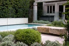 an outdoor swimming pool surrounded by greenery