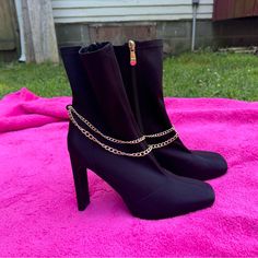 Fashion Nova Booties Size 10 Zip Up With Little Gold Chains Like New, Never Worn Besides Try Ons Trendy Party Boots With Chain Detail, Trendy Chain Boots For Party, Party Boots With Chain Detail, Party Boots With Chain Strap For Fall, Chain Boots For Party In Fall, Chain Boots For Fall Party, Fall Party Boots With Chain Strap, Black Boots With Chain Strap For Fall, Black High Heels With Gold Chain