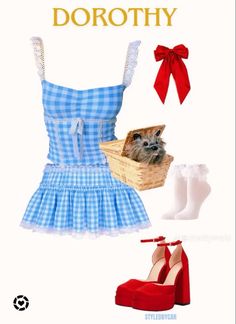 a woman's blue dress and red shoes with a cat sitting in the basket