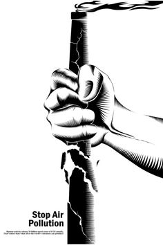 a black and white drawing of a hand holding a pole with the word stop air pollution on it