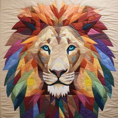 a quilt with a lion's head made out of multicolored paper pieces